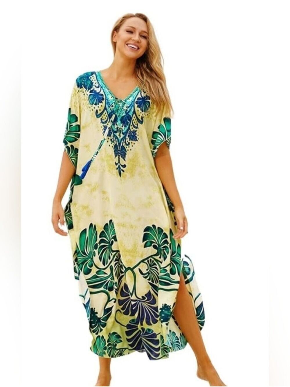 Bohochic Beachy Cover up Caftan V-Neck Floral Maxi Dress. One Size